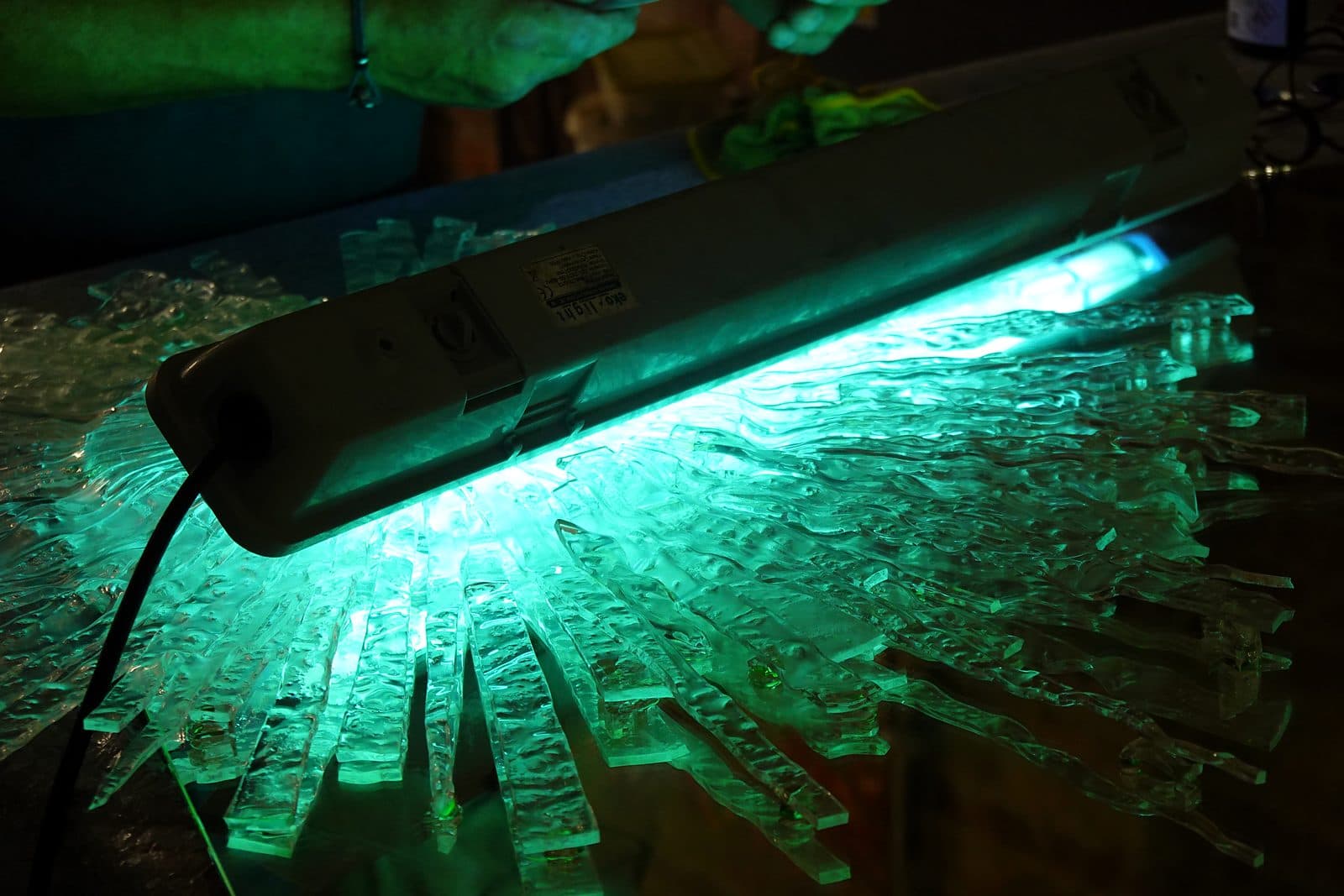 Glass lit up on the workbench