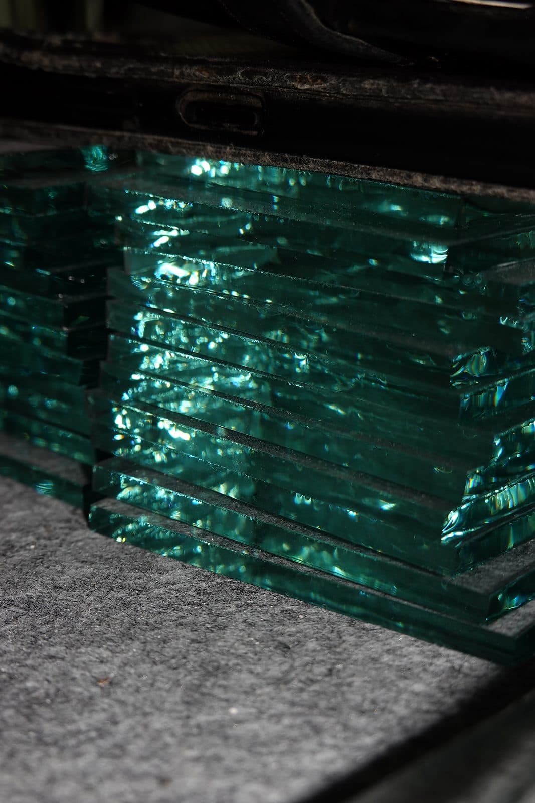A stack of glass sheets in the studio
